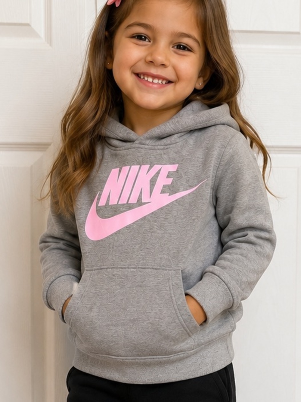 Nike Girls 4T Gray Pink Logo Fleece Pullover Hoodie Sweatshirt 3-4 Years
